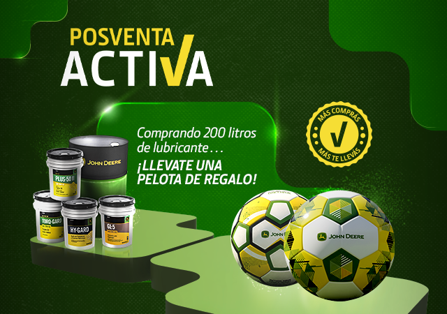Comprando 200 litros de lubricantes John Deere te llevás una pelota oficial John Deere de regalo.